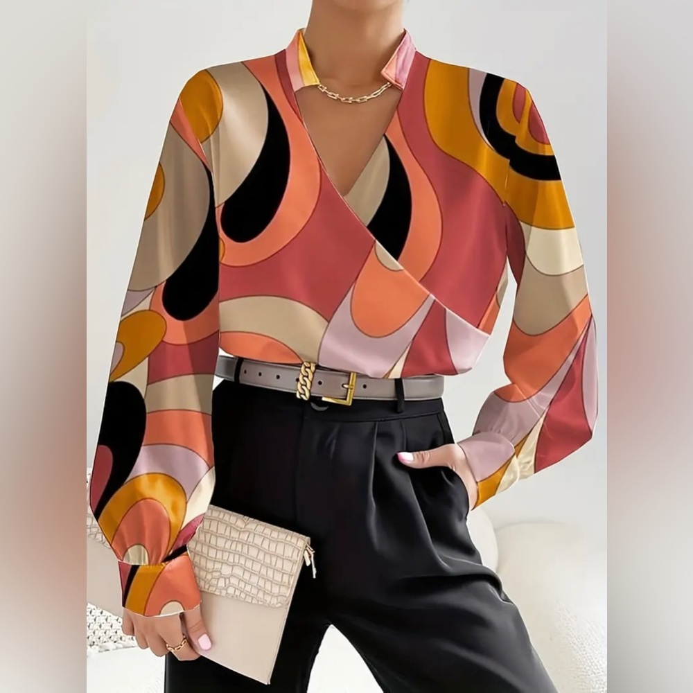Abstract Print V-neck Blouse, Elegant Lantern Sleeve Loose Blouse